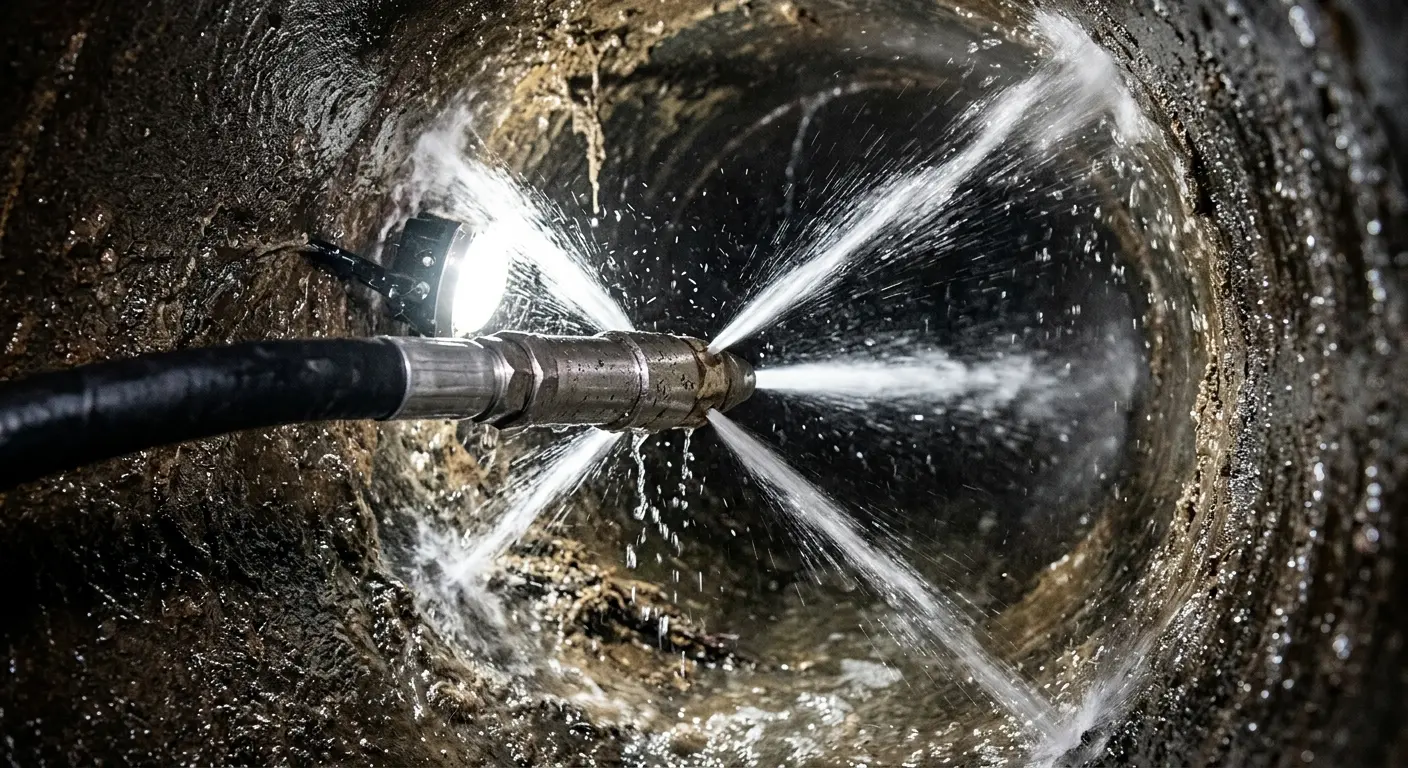 High-pressure hydro jetting nozzle cleaning sewer pipe for Trenchless Sewer Repair in East Palo Alto