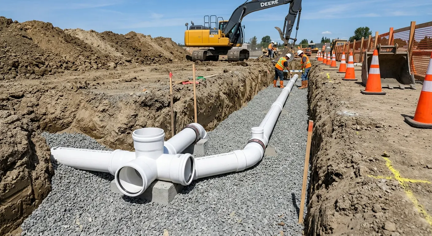 New PVC sewer pipe installation in open trench for Commercial Drain Cleaning in East Palo Alto