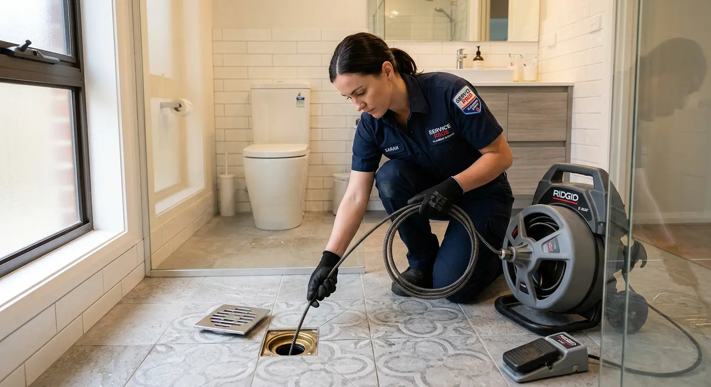 Technician clearing a bathroom floor drain for Clogged Drain Repair in East Palo Alto